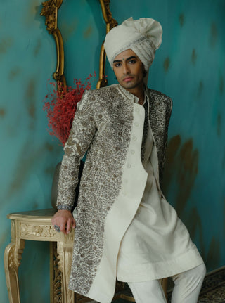 Silver Veil Hand Embroidered Silk Sherwani Set