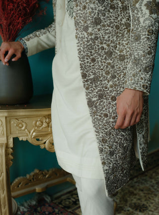 Silver Veil Hand Embroidered Silk Sherwani Set