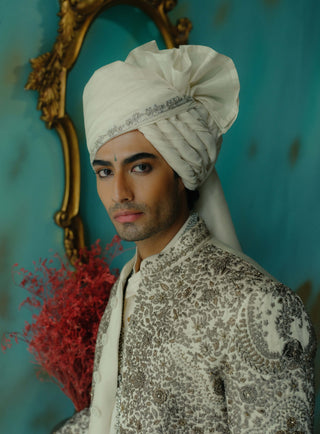 Silver Veil Hand Embroidered Silk Sherwani Set