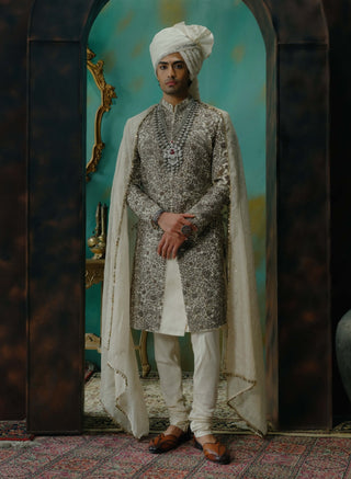 Silver Veil Hand Embroidered Silk Sherwani Set