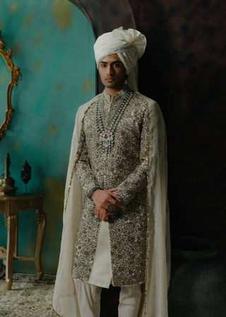 Silver Veil Hand Embroidered Silk Sherwani Set