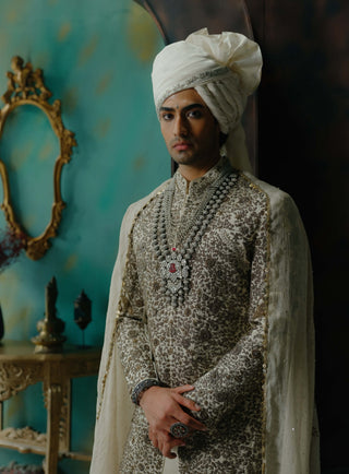 Silver Veil Hand Embroidered Silk Sherwani Set