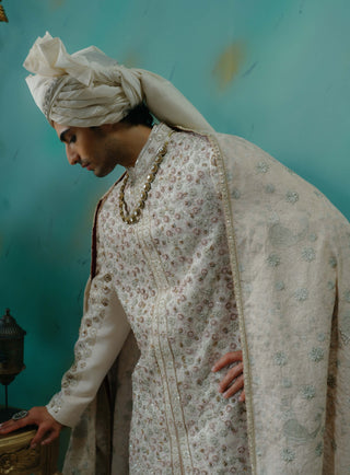 Rose Cream Embroidered Silk Sherwani Set