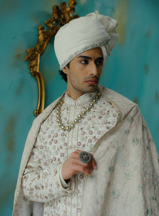 Rose Cream Embroidered Silk Sherwani Set
