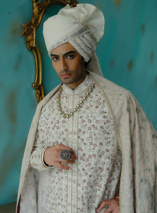 Rose Cream Embroidered Silk Sherwani Set