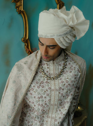 Rose Cream Embroidered Silk Sherwani Set