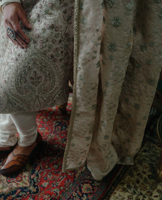 Rose Cream Embroidered Silk Sherwani Set