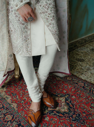 Rose Cream Embroidered Silk Sherwani Set
