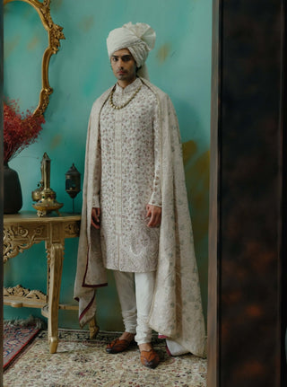 Rose Cream Embroidered Silk Sherwani Set