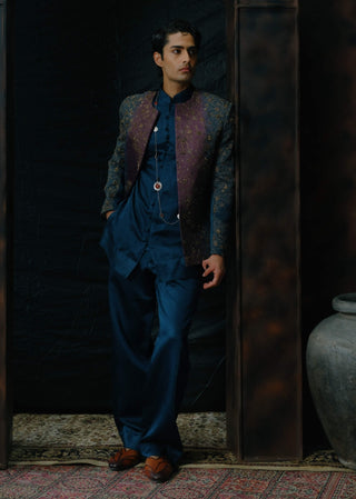 Purple And Teal Ombre Embroidered Short Jacket Set