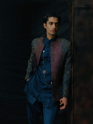Purple And Teal Ombre Embroidered Short Jacket Set
