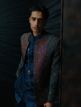 Purple And Teal Ombre Embroidered Short Jacket Set