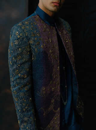 Purple And Teal Ombre Embroidered Short Jacket Set