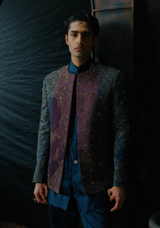 Purple And Teal Ombre Embroidered Short Jacket Set