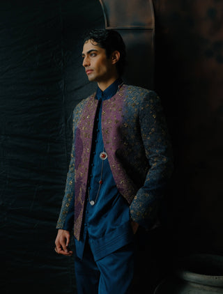 Purple And Teal Ombre Embroidered Short Jacket Set