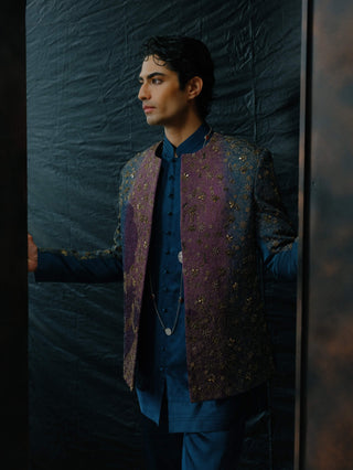 Purple And Teal Ombre Embroidered Short Jacket Set