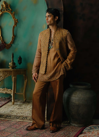 Sunlit Brass Silk Nehru Jacket Set