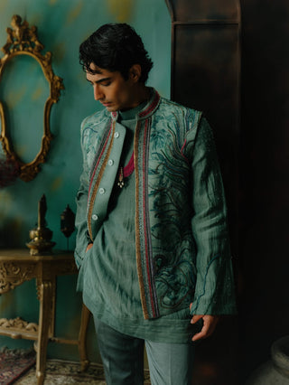 Chateau Grey Embroidered Silk Nehru Jacket Set