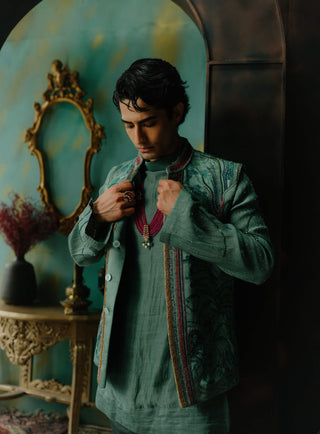 Chateau Grey Embroidered Silk Nehru Jacket Set
