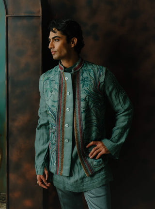 Chateau Grey Embroidered Silk Nehru Jacket Set