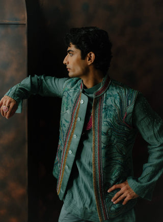 Chateau Grey Embroidered Silk Nehru Jacket Set