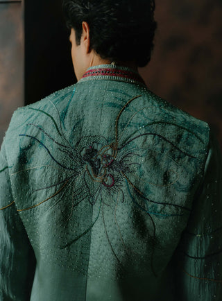 Chateau Grey Embroidered Silk Nehru Jacket Set