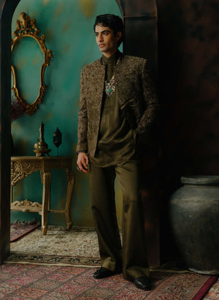 Olive Hand Embroidered Silk Short Jacket Set