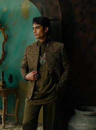 Olive Hand Embroidered Silk Short Jacket Set