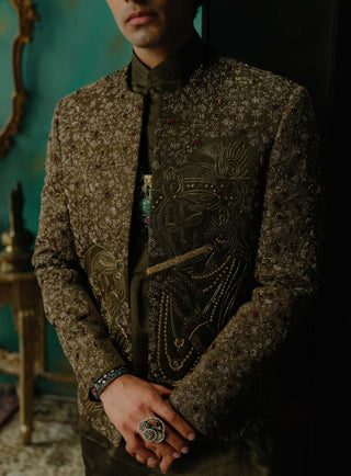Olive Hand Embroidered Silk Short Jacket Set