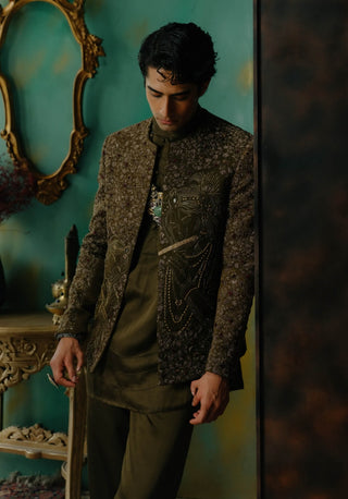 Olive Hand Embroidered Silk Short Jacket Set