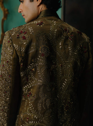 Olive Hand Embroidered Silk Short Jacket Set