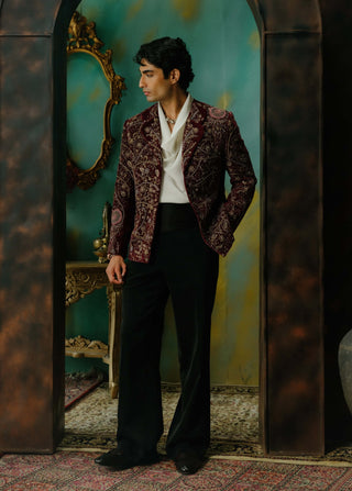 Wine Hand Embroidered Velvet Blazer Set