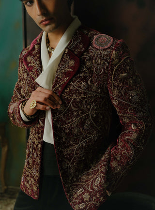 Wine Hand Embroidered Velvet Blazer Set