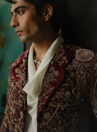 Wine Hand Embroidered Velvet Blazer Set