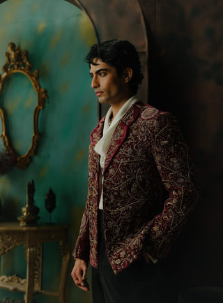 Wine Hand Embroidered Velvet Blazer Set