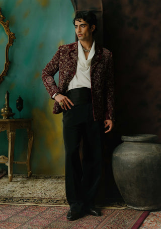 Wine Hand Embroidered Velvet Blazer Set