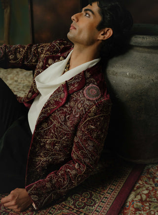 Wine Hand Embroidered Velvet Blazer Set