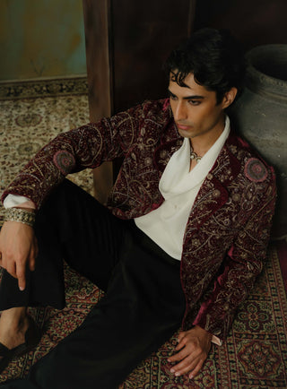 Wine Hand Embroidered Velvet Blazer Set