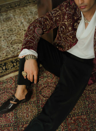 Wine Hand Embroidered Velvet Blazer Set