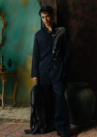 Midnight Blue Embroidered Short Jacket Set