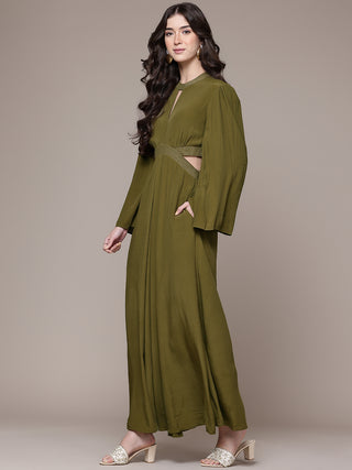 Olive solid full sleeves straight jumpsuit