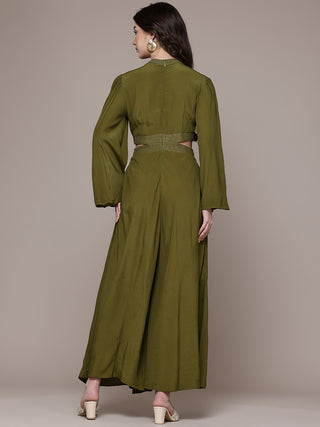Olive solid full sleeves straight jumpsuit