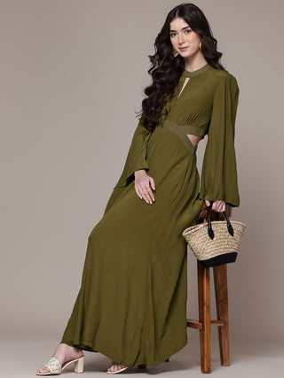 Olive solid full sleeves straight jumpsuit