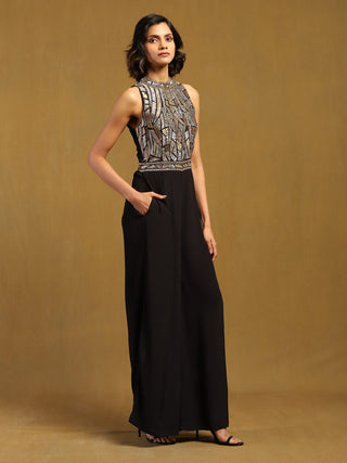 Black Elec Solid Jumpsuit by Ritu Kumar available on Indiaspopup