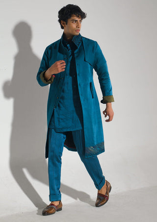 Jatin Malik-Teal Blue Shacket And Trouser Set-INDIASPOPUP.COM