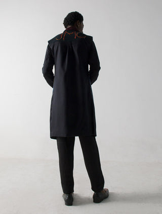 Jatin Malik-Black Handpainted Sleeveless Long Jacket-INDIASPOPUP.COM