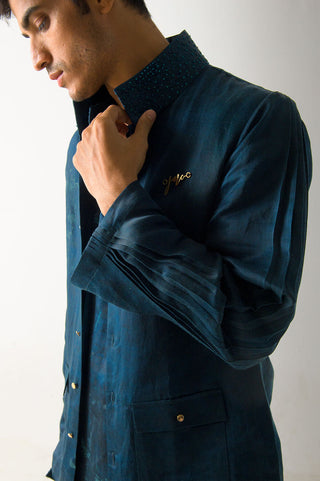 Jatin Malik-Peacock Green Marble Dye Jacket-INDIASPOPUP.COM