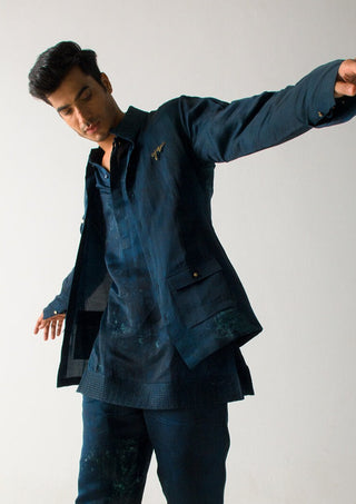 Jatin Malik-Peacock Green Marble Dye Jacket-INDIASPOPUP.COM