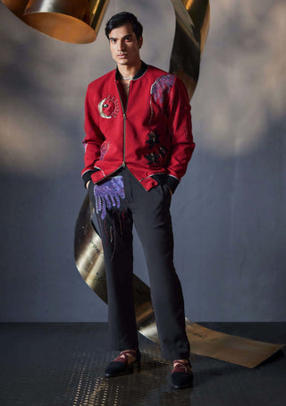 Jatin Malik-Red Veiled Heart Bomber And Trousers-INDIASPOPUP.COM