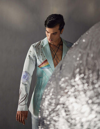 Jatin Malik-Silver And Sky Blue Overshirt And Trouser-INDIASPOPUP.COM